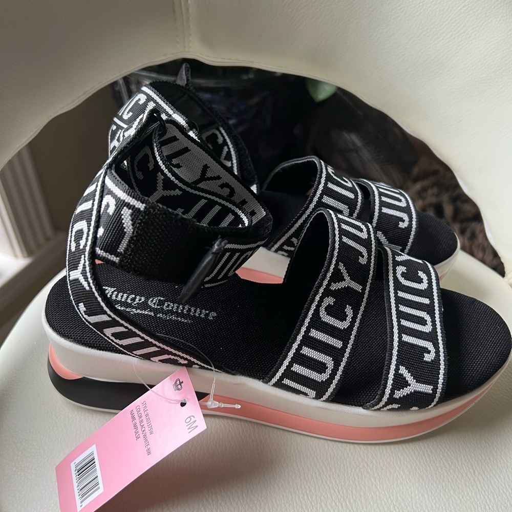 Juicy Couture Impulse Wedge Sandals Strappy Ankle Logo Sz 6 Black White Pink NEW - Picture 2 of 10